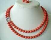 Two Strand Swarovski  Coral Pearl with Square Rhinestone Pendant Beaded Necklace and Earring Set    Great Brides or Bridesmaid Gifts