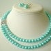 Two Strand Tiffany Blue Pearl with Square Rhinestone Pendant Beaded Necklace and Earring Set Great Brides or Bridesmaid Gifts