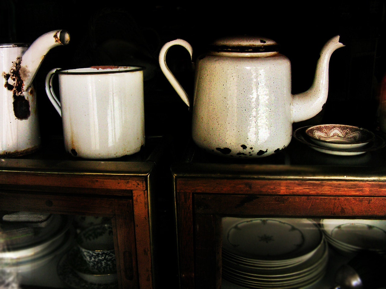 RESERVED for Cheryl - Ghosts- 5X7 unmatted photographic print - antique enamelware kettle display