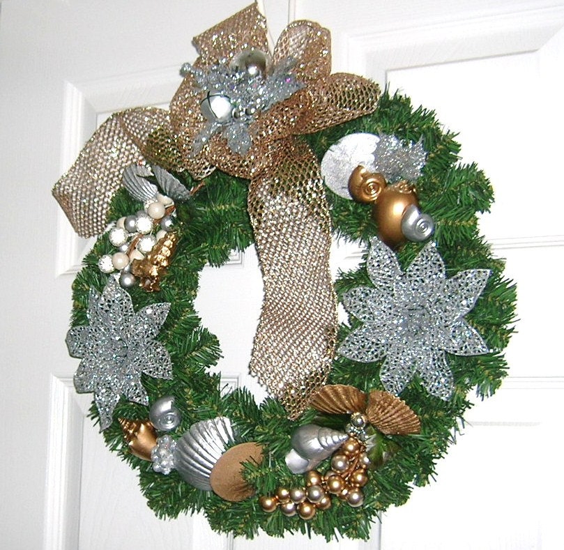 50% Off, Silver and Gold Seashell Christmas Wreath