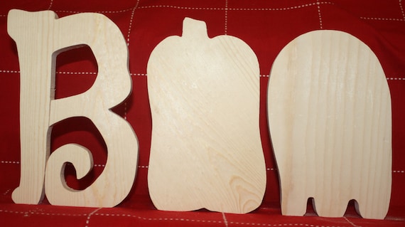 UNFINISHED BOO wood letters with pumpkin and ghost