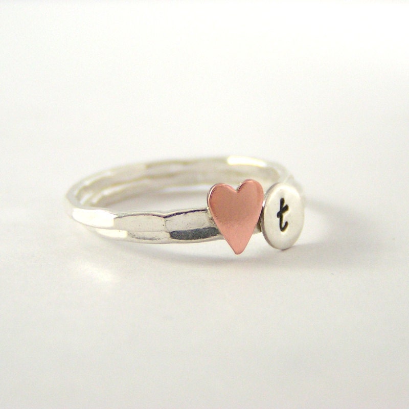 Custom Initial Ring, Copper Heart And Sterling Silver Personalized Initial Ring Set Of 2