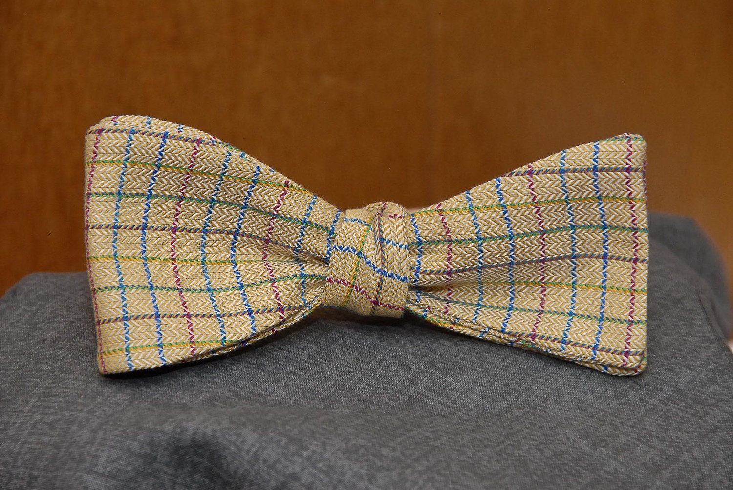 Multicolored Check on Tan Herringbone Bow Tie
