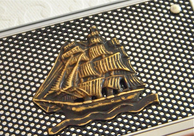 Pirate Ship Business Card Case Gothic Victorian Nautical Steampunk Inspired Silver & Black Industrial Metal