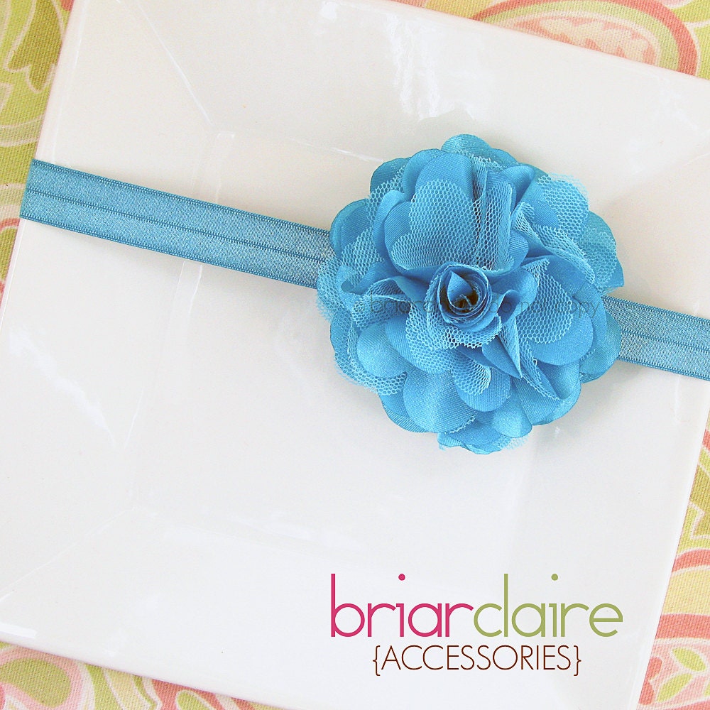 Rachel - Turquoise Satin and Tulle Puff Flower Elastic Headband