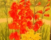Gladiola and Stargazer Tulips, original oil painting, 12"x16",plein air, still life, garden painting, flowers, landscape