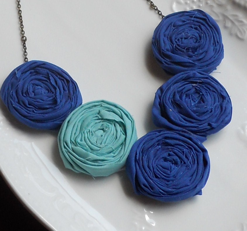Cobalt and Aqua Rosette Bib Necklace