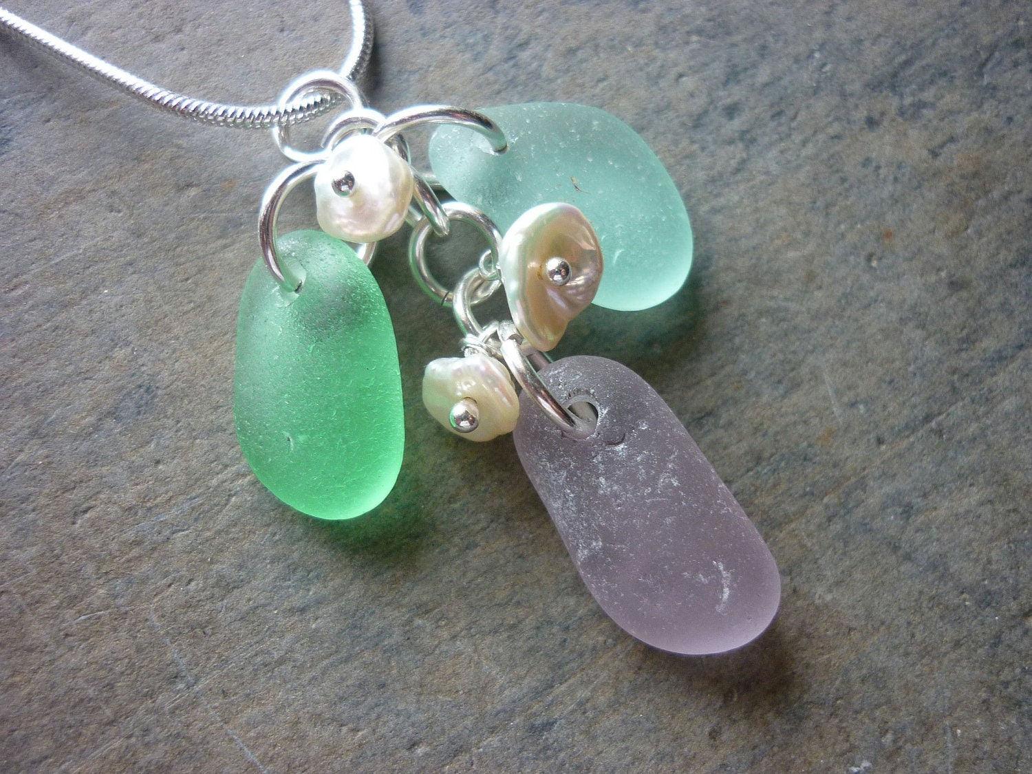 Aqua Sea Glass Necklace -  Seaglass Pendant in Purple Beach Glass