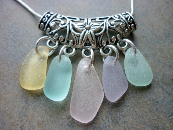 Sea Glass Necklace Aqua - Floral Filigree Seaglass Setting