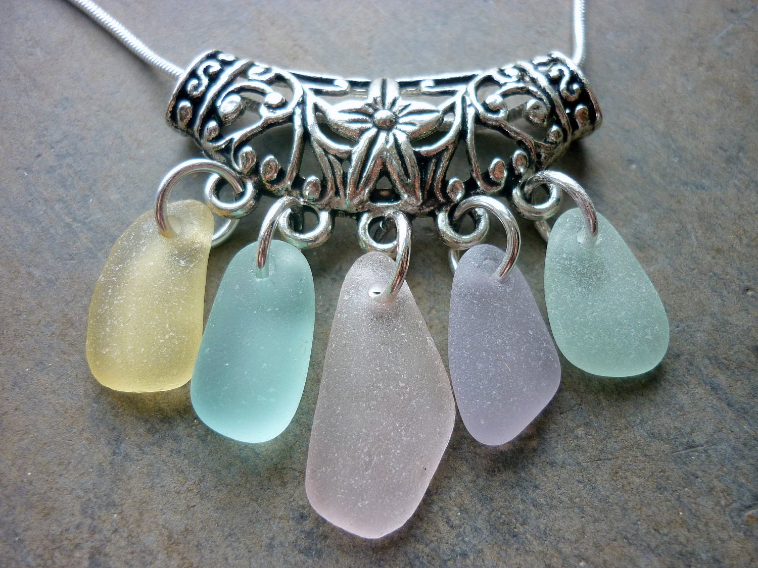 Sea Glass Necklace Aqua - Floral Filigree Seaglass Setting