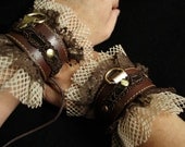 Steampunk Slave Cuffs in Brass, Brown Leather, Lace & Fishnet Bracelets -costume or bedroom, Pirate, ren faire, discrete BDSM bondage fetish