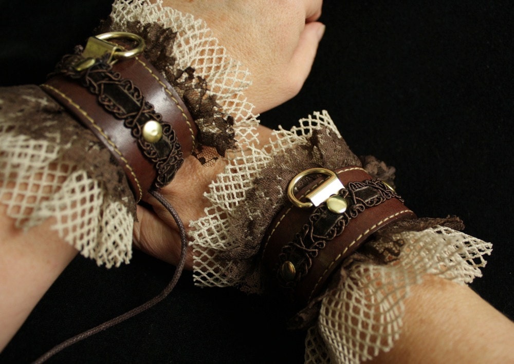 Steampunk Slave Cuffs in Brass, Brown Leather, Lace & Fishnet Bracelets -costume or bedroom, Pirate, ren faire, discrete BDSM bondage fetish