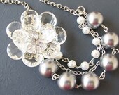 Bridal Jewelry Pearl Necklace Bridal Wedding Jewelry Statement Flower Necklace Bridesmaid Jewelry Grey Necklace Triple Strand