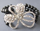 Bridal Jewelry Black Pearl Bracelet Statement Wedding Jewelry Rhinestone Cuff Bracelet Bridal