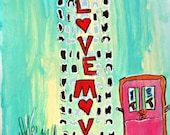 Mixed Media Funky Volkswagon in the City Original 9x12 on Watercolor
