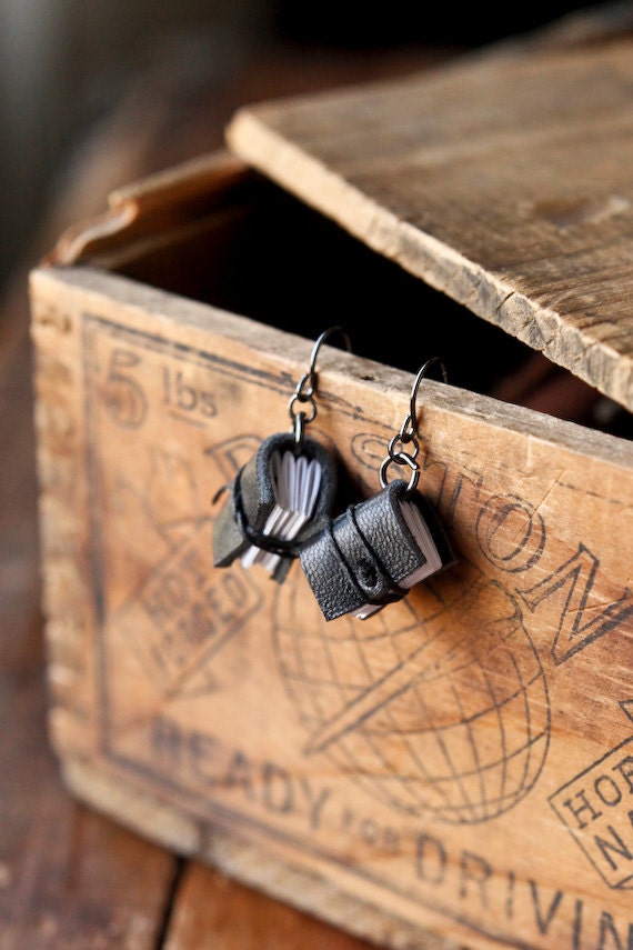Mini Leather Journal Earrings - Black Book Jewelry