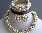 Vintage Handwired Faux Baroque Pearls Rhinestones Bookchain Necklace Earrings Bracelet