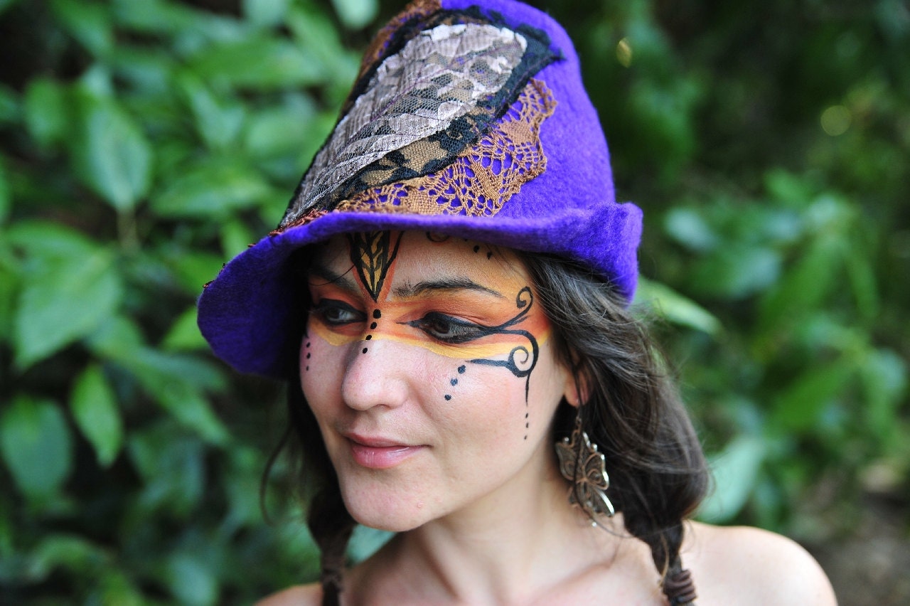 Felt Pixie Lace Leaf Doily Hat With Swirls Spirals Feathers and Flowers OOAK