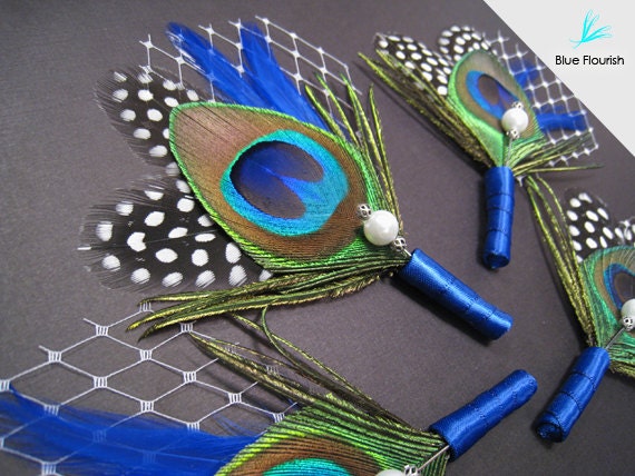 4 boutonnieres unisex pin corsages peacock corsages birdcage netting boutineers roy/al blue feathers men cobalt blue wedding mother