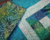Queen geometric Quilt, Split 9 patch in Blues and Greens