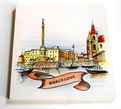 Vintage Porcelain "Barcelona" Tile, Handpainted, Yellow, Red, White