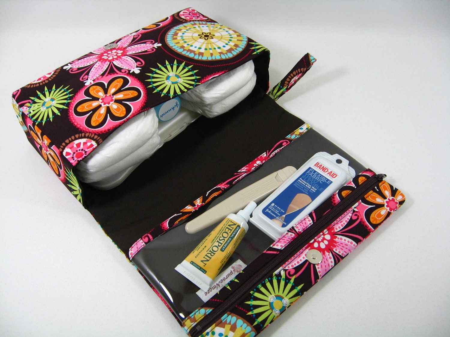 Diaper Clutch with clear zipper pouch --Carnival Bloom Brown