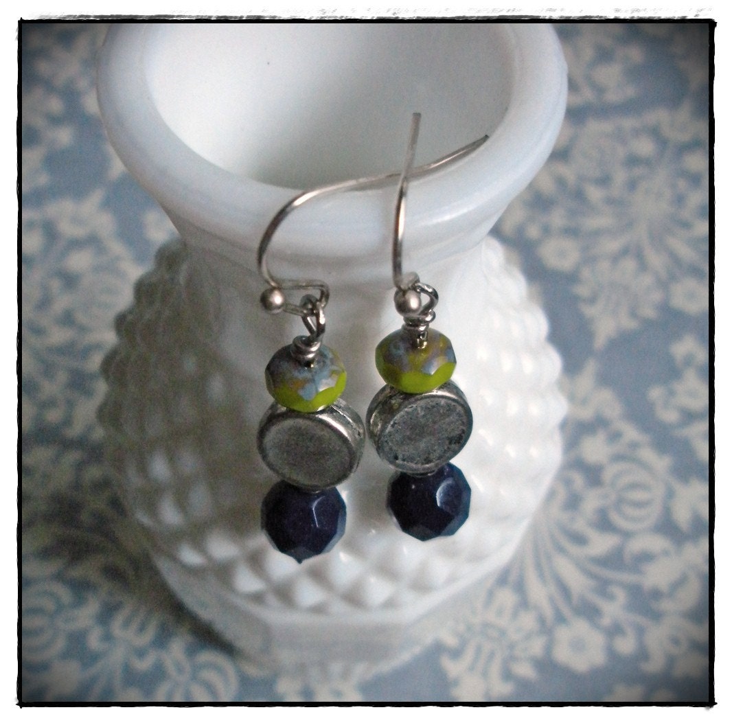 Navy Blue and Green Apple Czech Glass Earrings