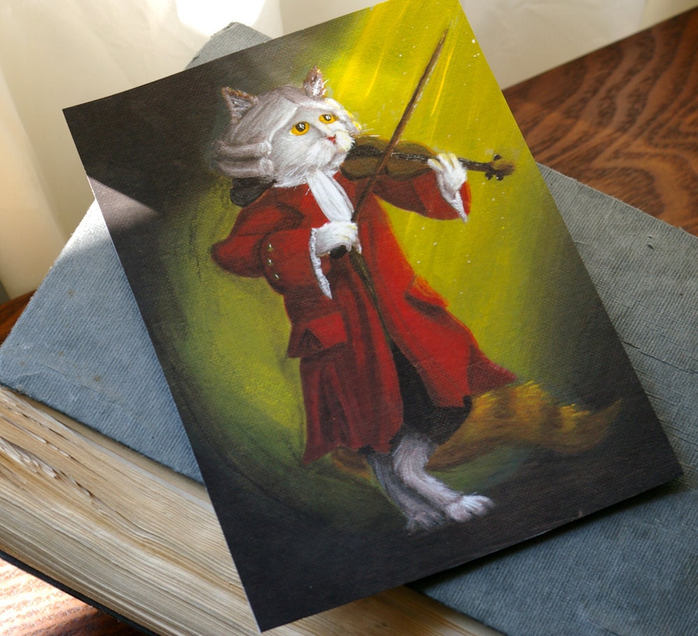 Violinist Cat Art, White Cat Playing Violin Wearing Powdered Wig, Mozart 8x10 Fine Art Print