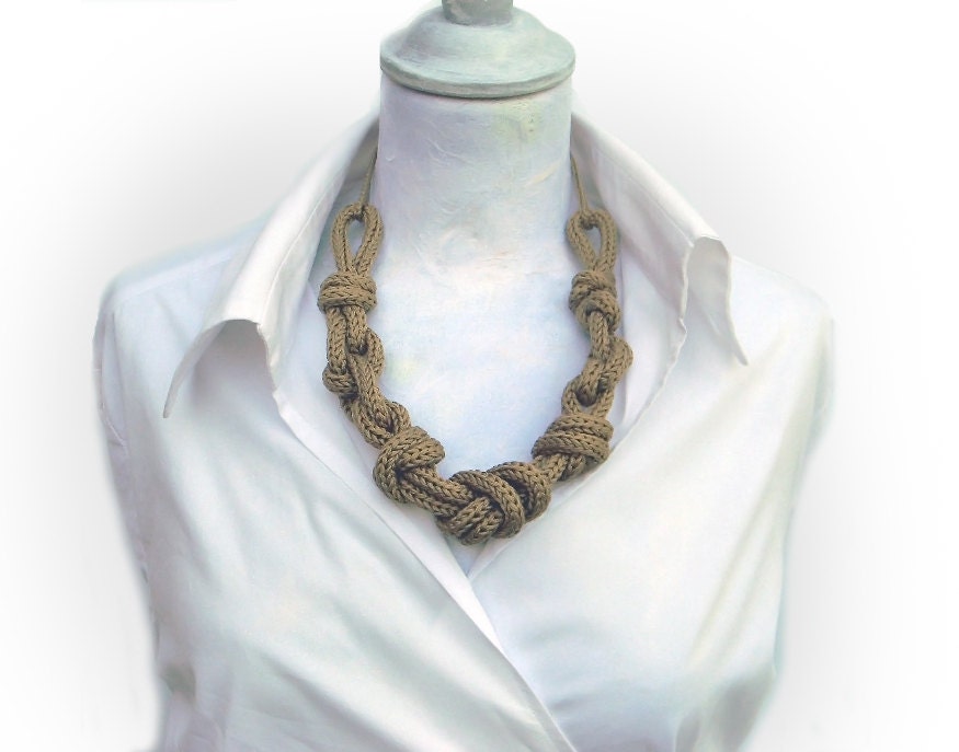 Statement necklace with nautical knots, linen beige or choose your color. Cotton necklace, office fashion. Nautical jewelry