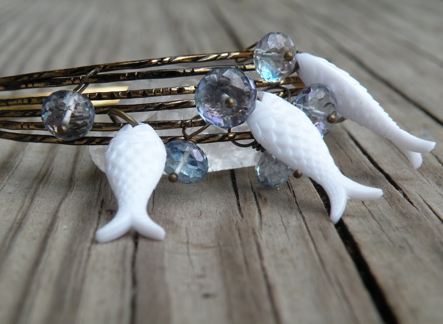 Beach Bangles, Fish Charm Bracelet, Sea, Blue, Gemstone Bracelet