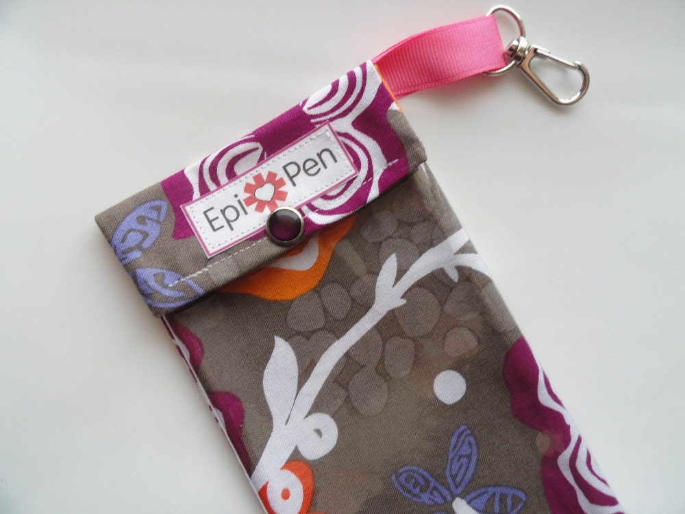 Clearance Sale - Epi Pen Pouch with Clear Pocket and Clip 4x8 Holds 2 Allergy Injector Pens  - Wildwood on Gray Fabric