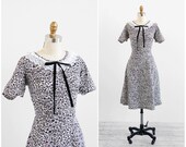 vintage 1940s dress / 1950s dress / Black and White Damask Print Dress with Lace Collar and a Black Velvet Bow