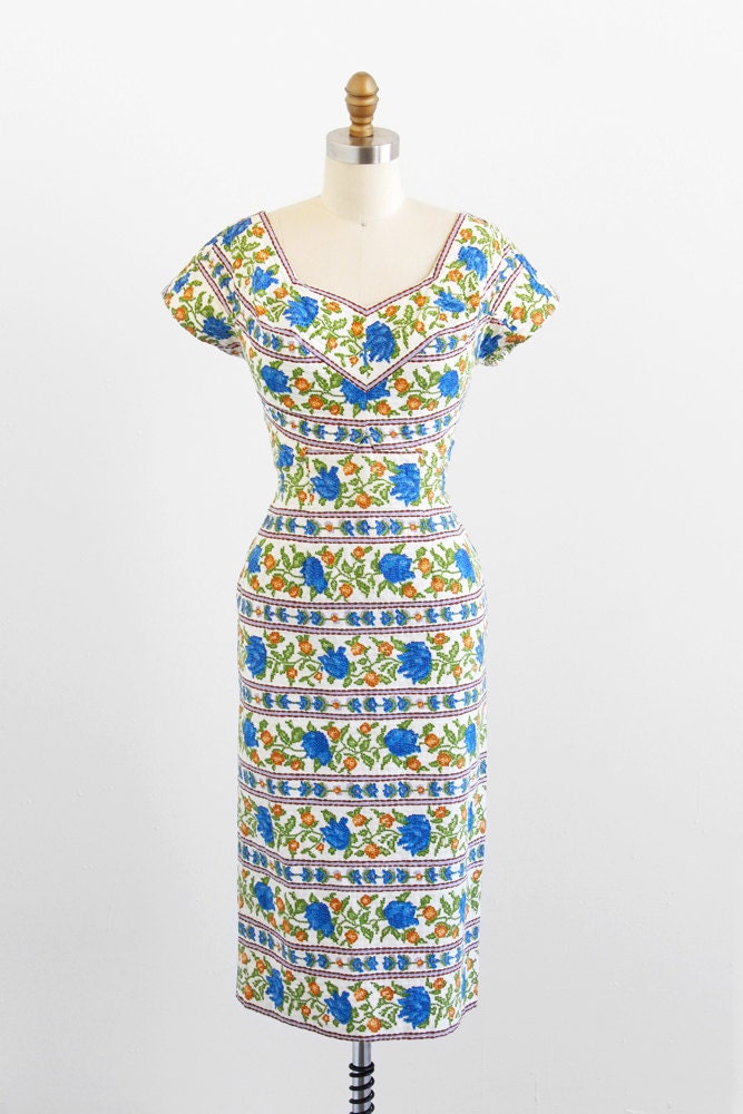 r e s e r v e d - vintage 1950s dress / 50s wiggle dress / Blue Roses Cross Stitch Novelty Print Wiggle Dress