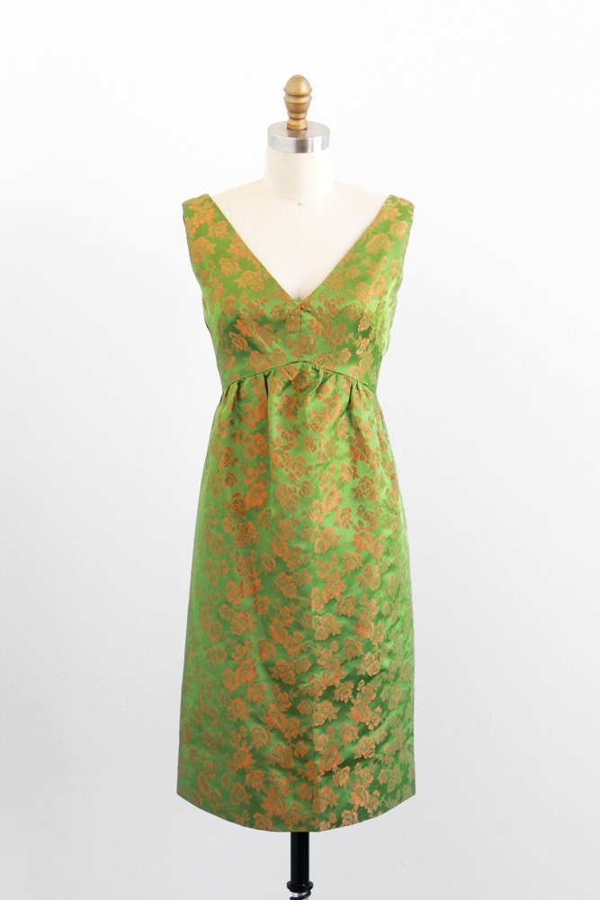 vintage 1960s dress / mad men dress / Green and Orange Roses Floral Satin Cocktail Dress