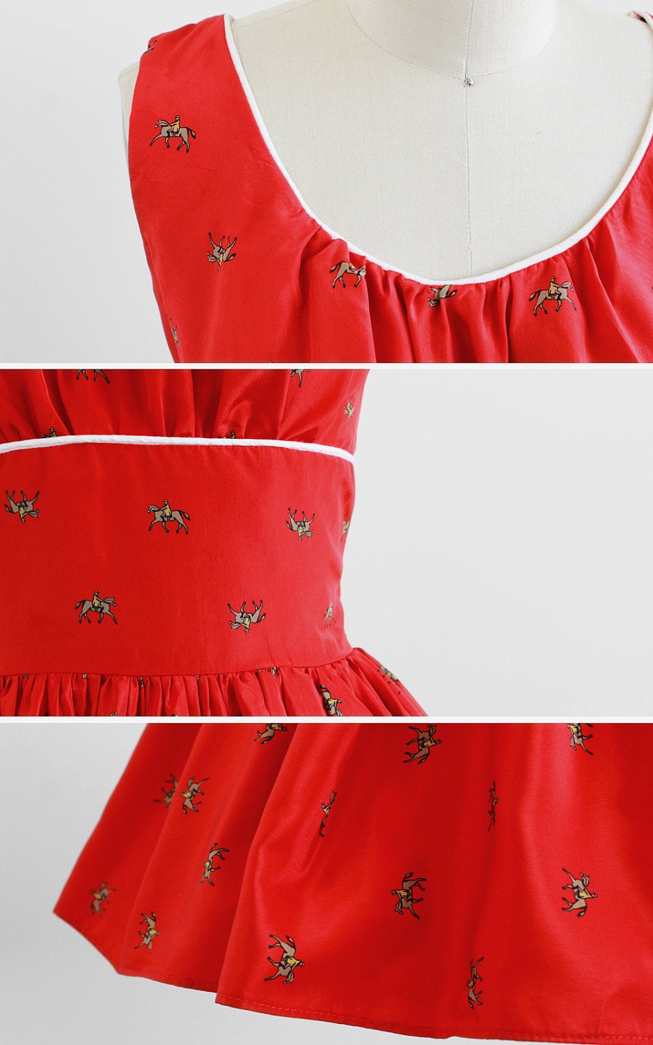 vintage 1950s dress / horse print dress / 50s Red Horse Print Party Dress