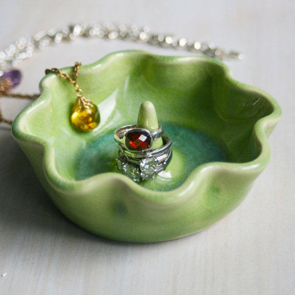 Ring Holder in Celadon Green Glaze with Ruffled Edges Handmade Ceramic Jewelry Dish Stoneware Pottery Ring Bowl