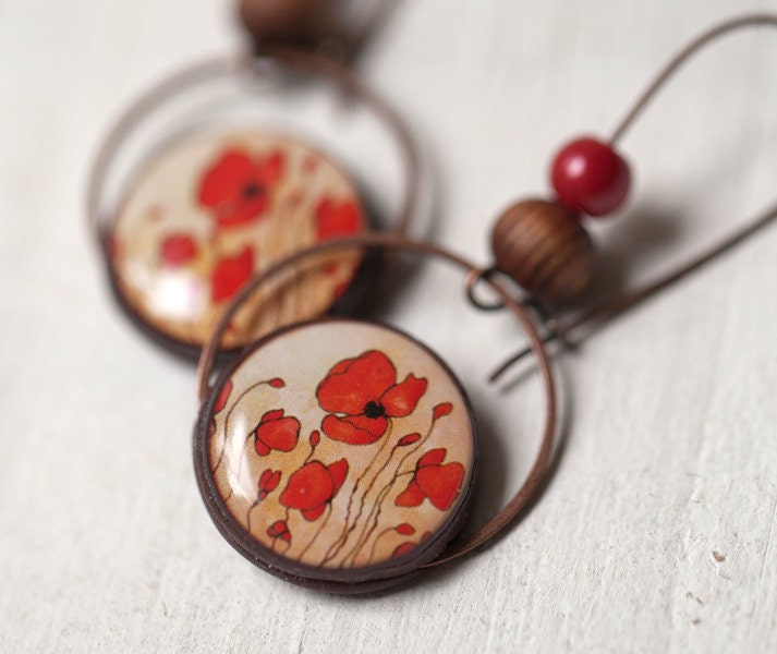 Red Poppy earrings - Bridesmaids jewelry  (E060)