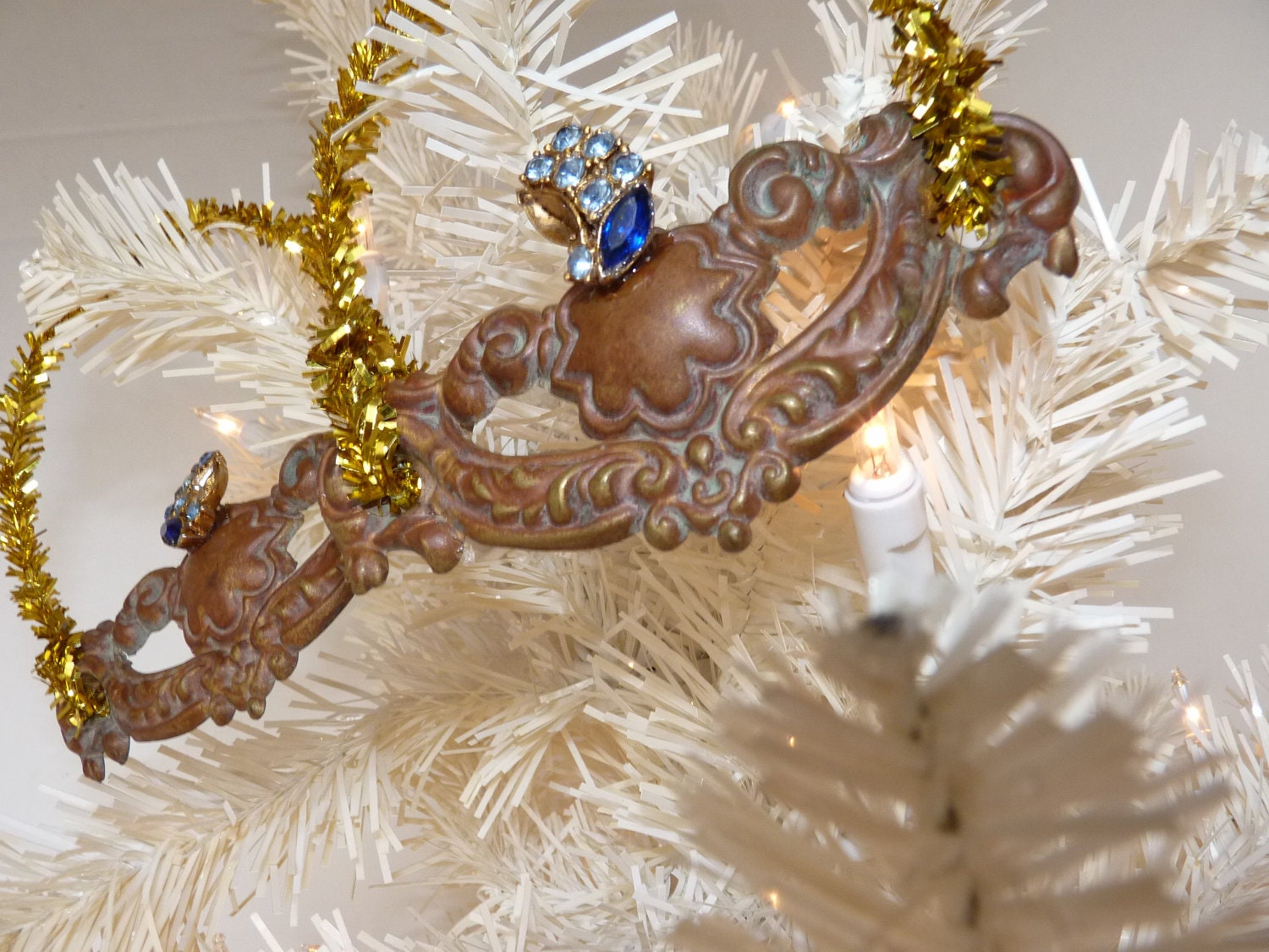 FRENCH ANGELS ORNAMENTS Set of 2 Two Rusty Hardware Vintage Gold Stems and Jewels