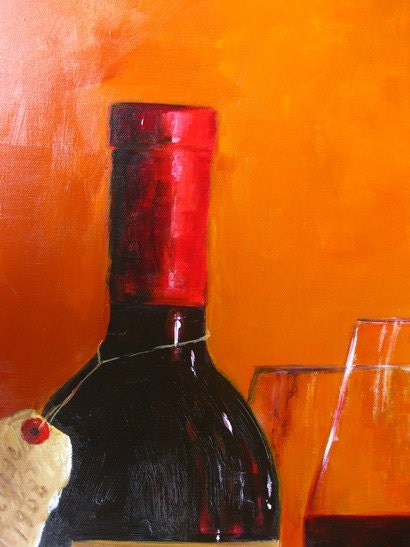Art, Painting, Still Life, wine bottle, wine glass, grapes, canvas, Decor, original painting, home decor, living room decor, pumpkin orange