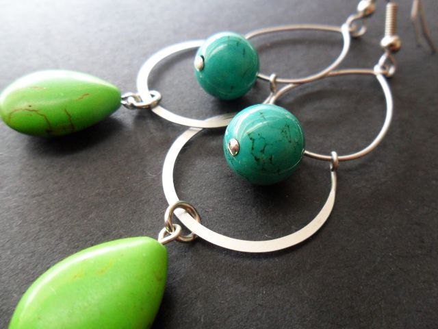 Modern Dangle Turquoise Stone Earrings, Green, Blue, Silver