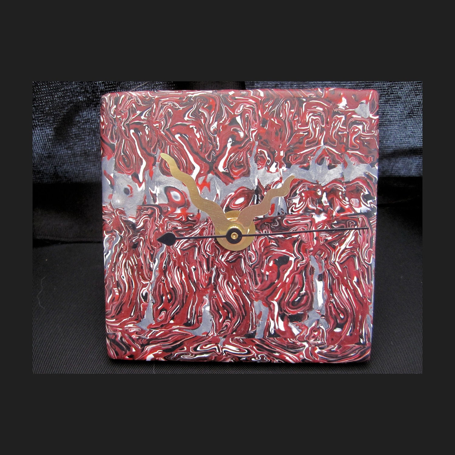 Desk Clock or Wall Clock in Red and Silver with Black and White Accents