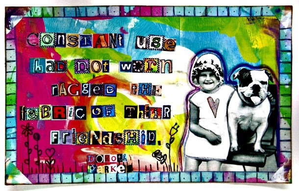 The Fabric of Their Friendship mixed media collage as seen in Somerset Studio Gallery Summer 2012 use WOW50 at checkout for half off