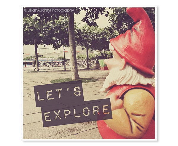 Gnome Travel Photography / Kitsch Cute Fun / 8x8 fine art print with typography / Let's Explore / Adventure Photo / Vintage Style / Europe