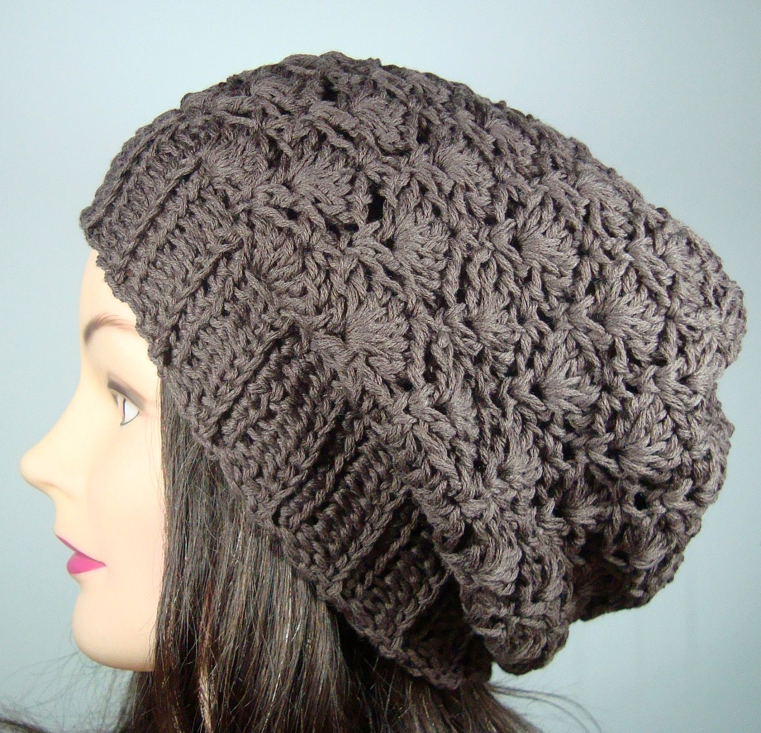 Lacy Slouch Beanie Hat in Chocolate Brown with Ribbed Edge, Cotton Blend