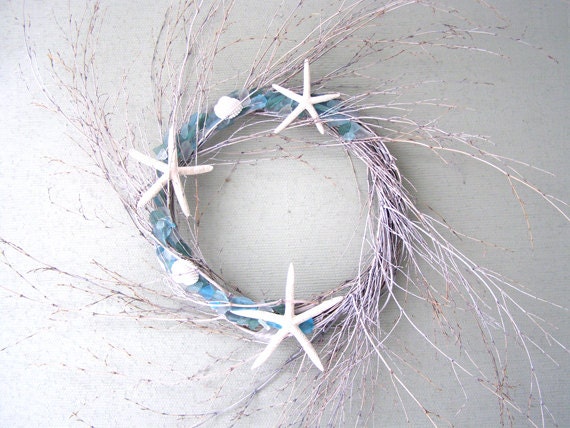 BEACH DECOR SEAGLASS wreath in driftwood-toned spiral, nautical decor, beach glass