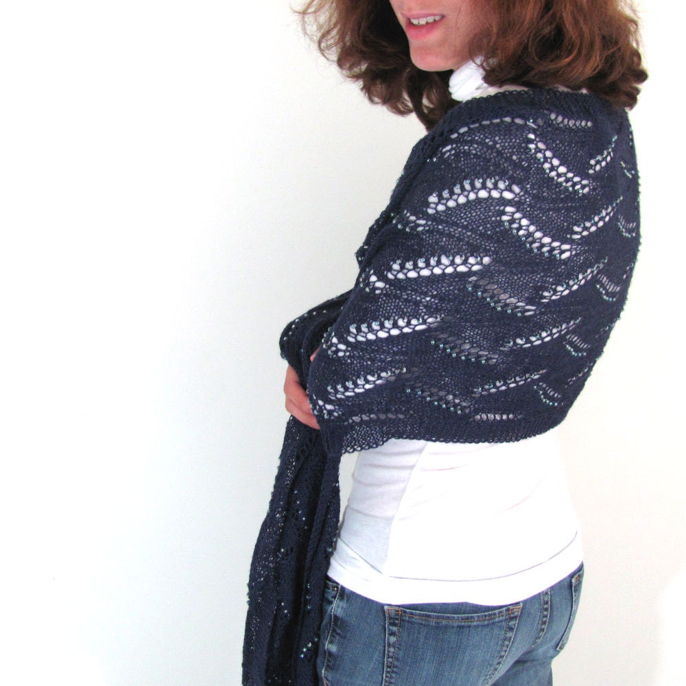 Navy Blue Hand Knit Lace Wrap Scarf with Aqua Beads