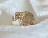 Tiny Vintage Elephant Scatter Pin, Textured Gold with Red Rhinestone Eye, Excellent Condition