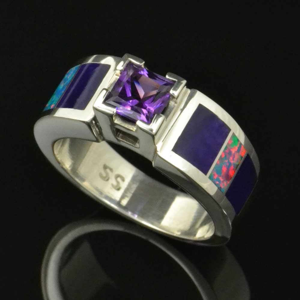 Lab Created Opal Wedding or Engagement Ring with Amethyst and Sugilite