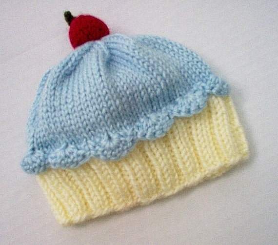 Handmade hand knit Cupcake Hat with Cherry on Top Vanilla Cream Cake Blueberry Frosting