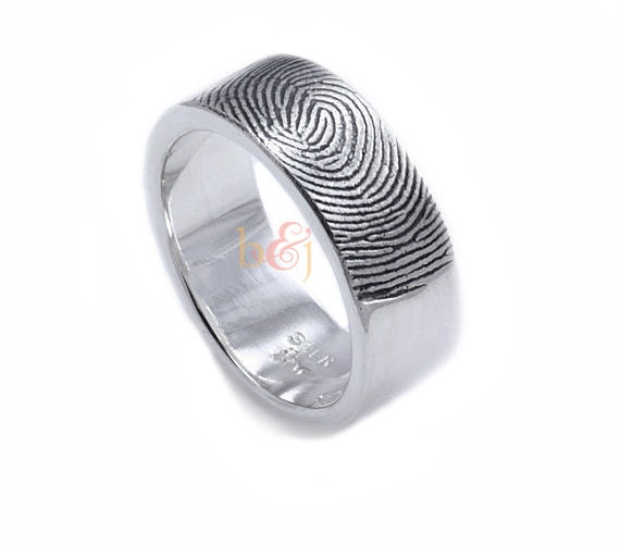 Fingerprint wedding band in 8mm Sterling Silver Custom Fingerprint Ring with Single Fingertip Whorl Print on the Exterior